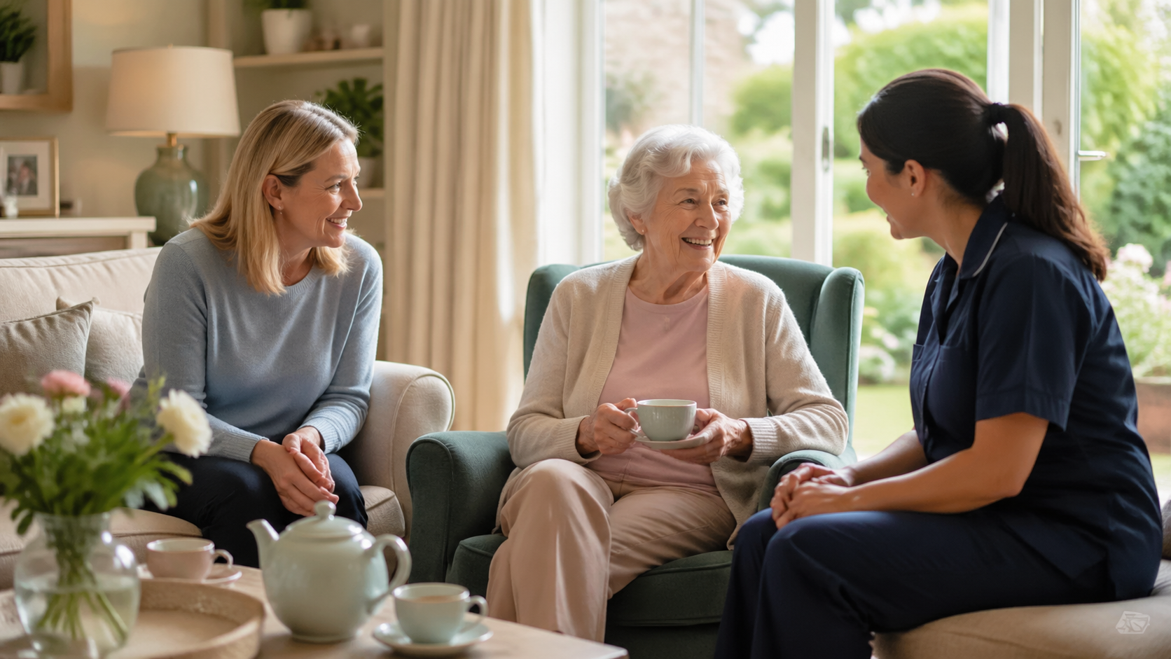 A care worker supporting an older person with daily routines at home